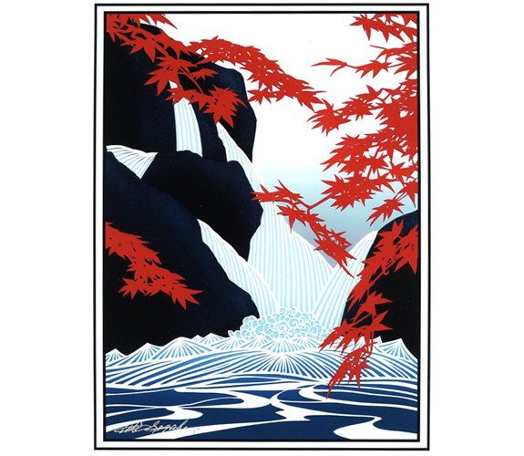 Waterfall with Red Maples Print by Aki Sogabe
